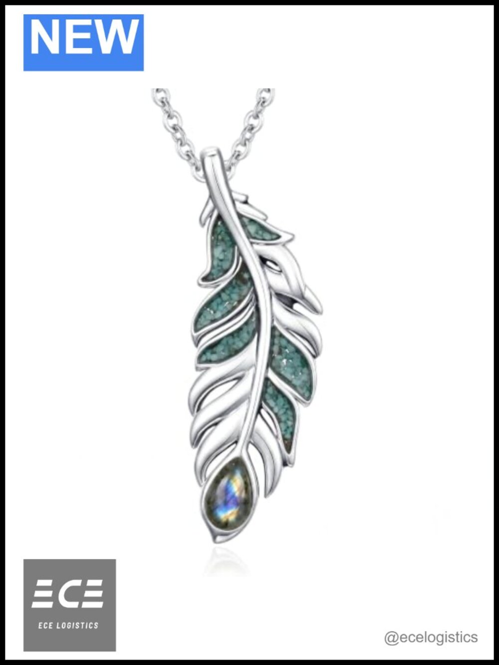 White Gold Plated Feather Turquoise Pendant Necklace for Women